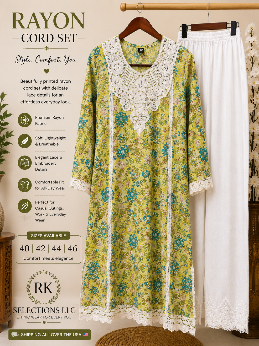 Floral Green cord set with plazo pants